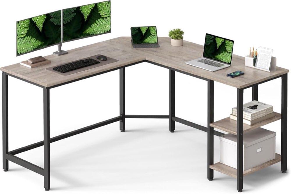 VASAGLE L-Computertisch, 138 × 138 × 76 cm, zwei Ablagen, greige-schwarz