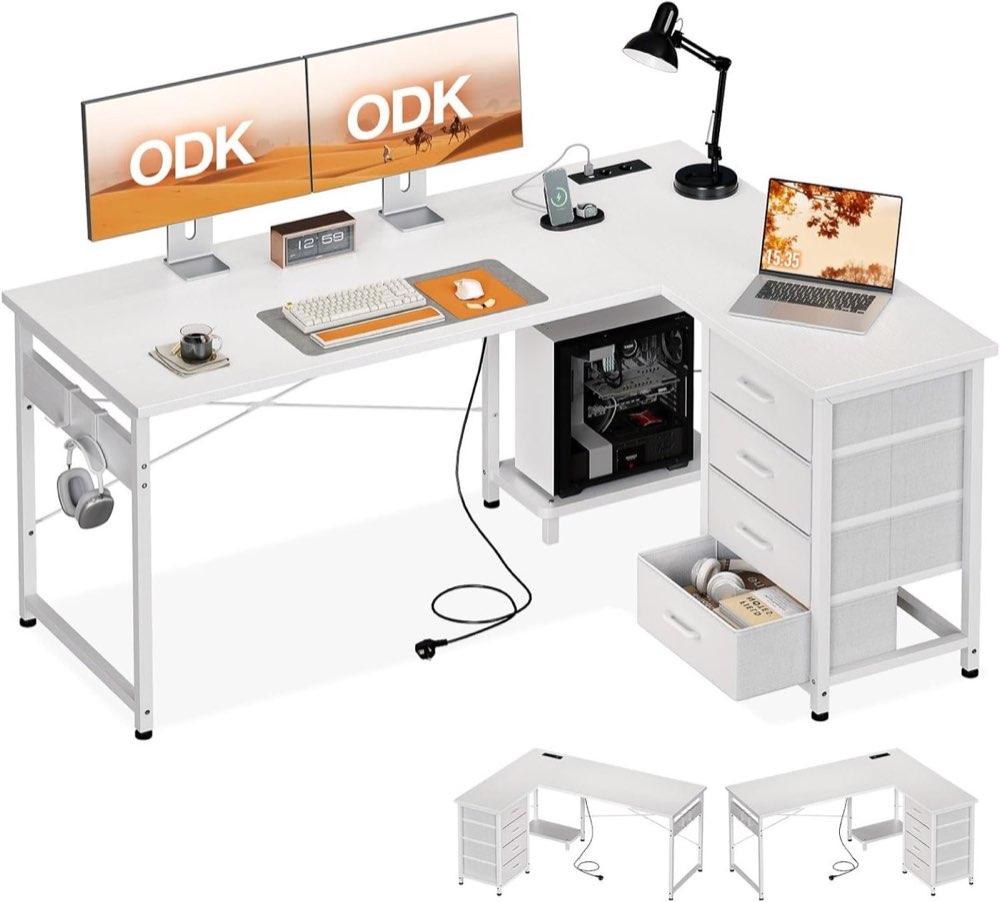 ODK Eckschreibtisch mit 4 Stoffschubladen, 135 × 100 cm, Weiß