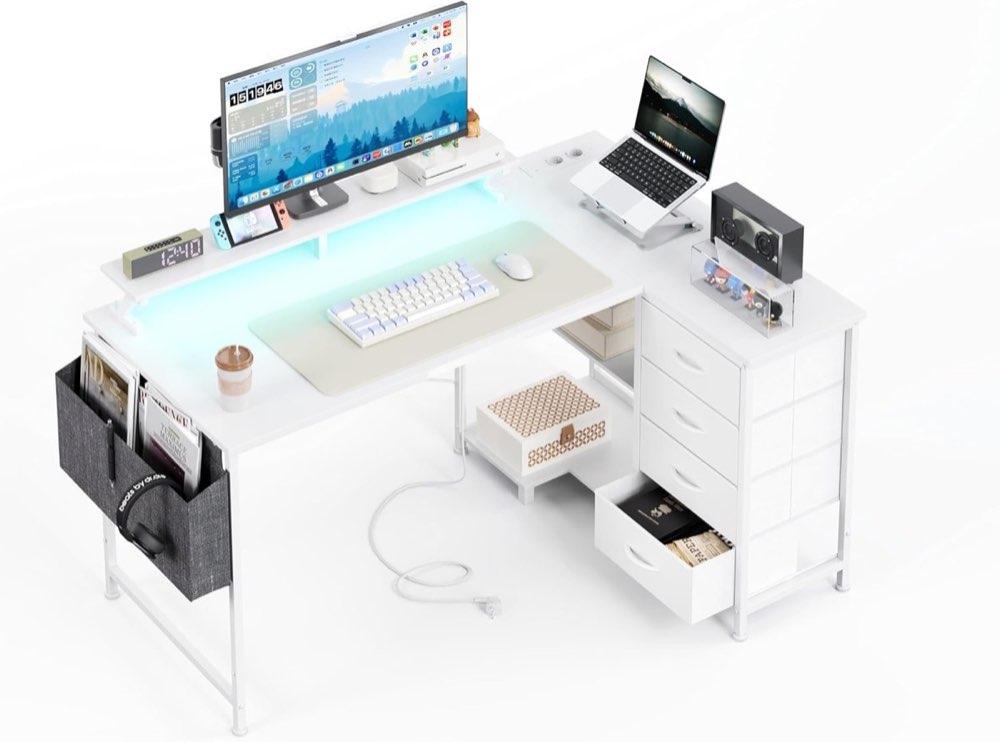 CAIYUN Eckschreibtisch mit 4 Stoffschubladen, 120 × 90 cm, USB und Steckdose, Monitorablage