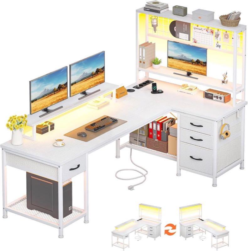 Klyvvo L-Form Gaming-Schreibtisch mit Bücherregal, 140 × 100 cm, Weiß