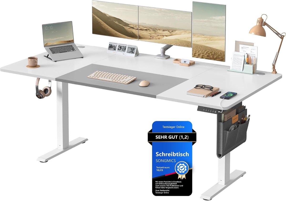 SONGMICS höhenverstellbarer Schreibtisch 180 × 80 cm, Wolkenweiß