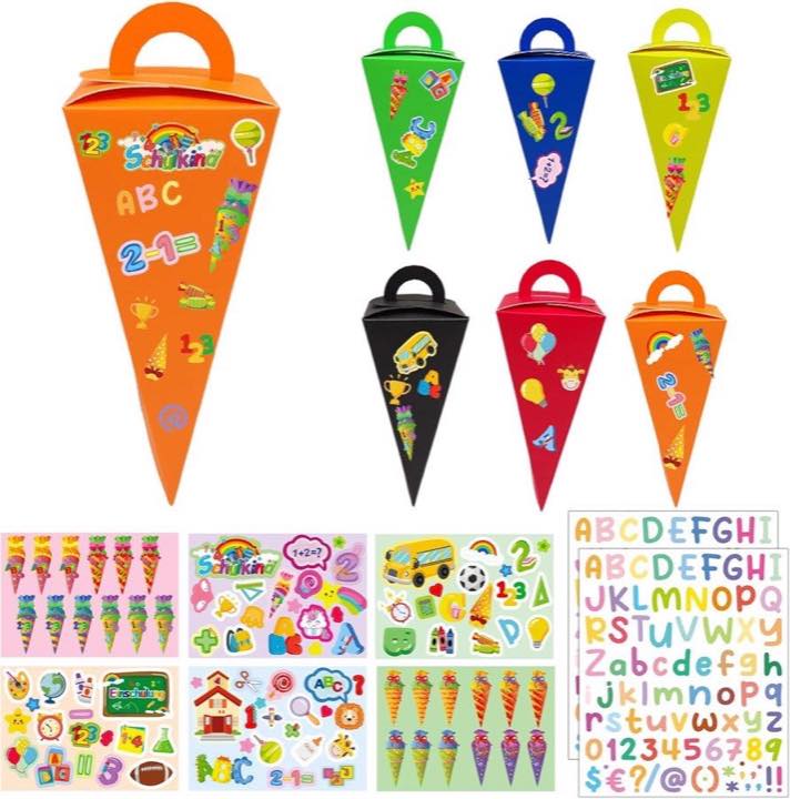 24 Stück 14cm Faltbare Schultüte mit Griff, Geschwister schultüte klein, zuckertüte klein, 2 Cartoon Buchstaben Aufkleber & 6 Schulanfang Deko Aufklebern DIY Geschenkverpackung (6 Farben)