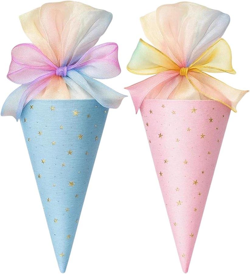Schultüte Mädchen, 2 Stück Geschwister Schultüte, Zuckertüte Bastelset für Einschulung, Blau und Rosa, 25×18×1,8cm