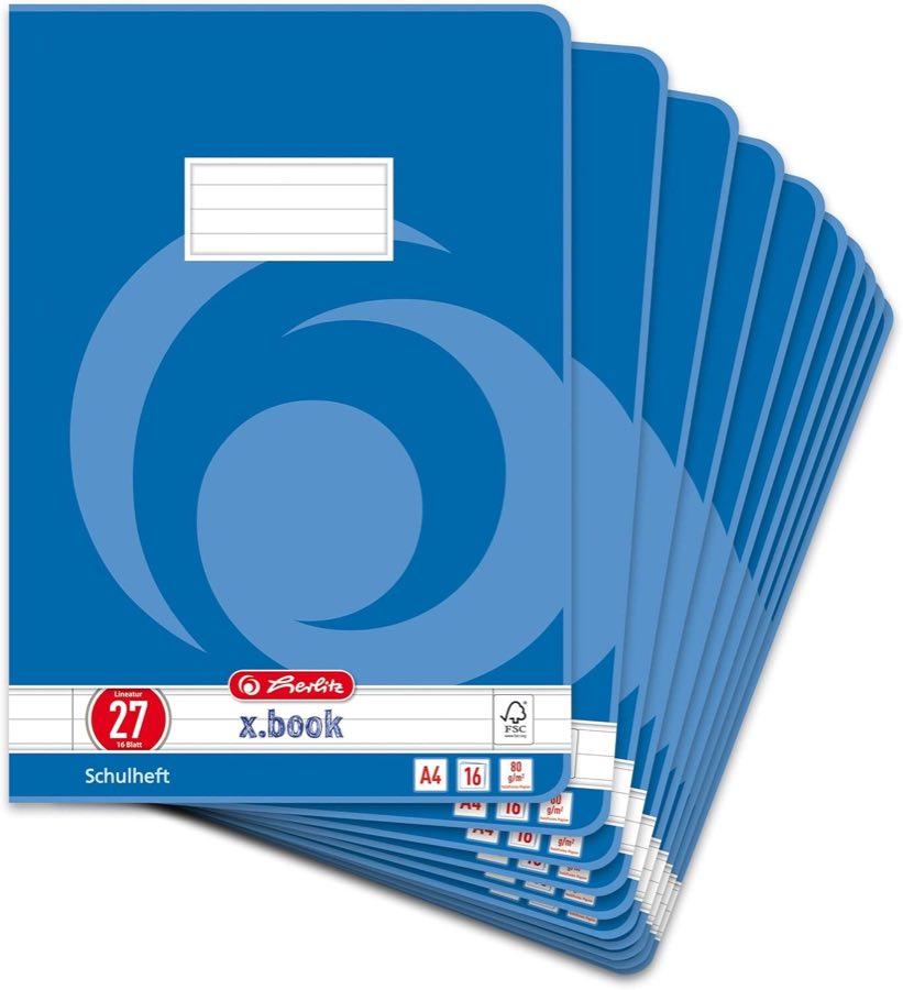Herlitz Schulheft A4, Lineatur 27, liniert, 16 Blatt, 10 Stück