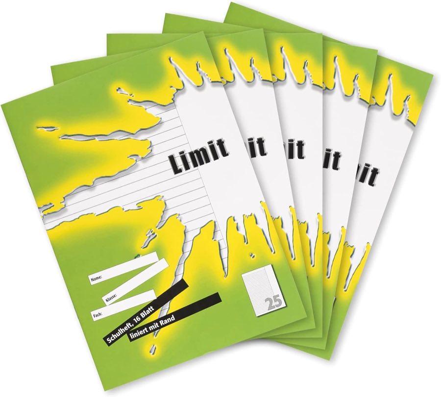 Limit Limit Schulheft A4, Lineatur 25, liniert mit Rand, 16 Blatt, 5 Stück