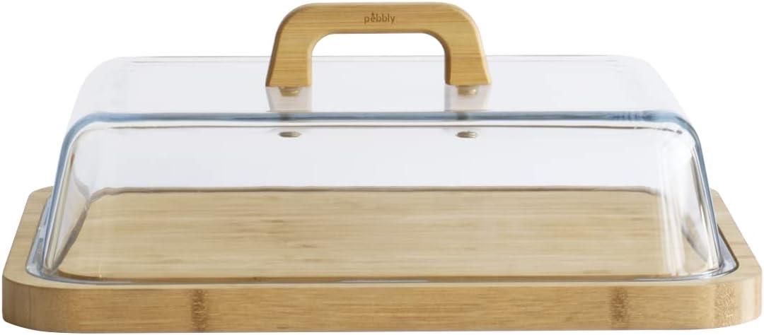 Pebbly Bambuskäseplatte mit großer Glasglocke