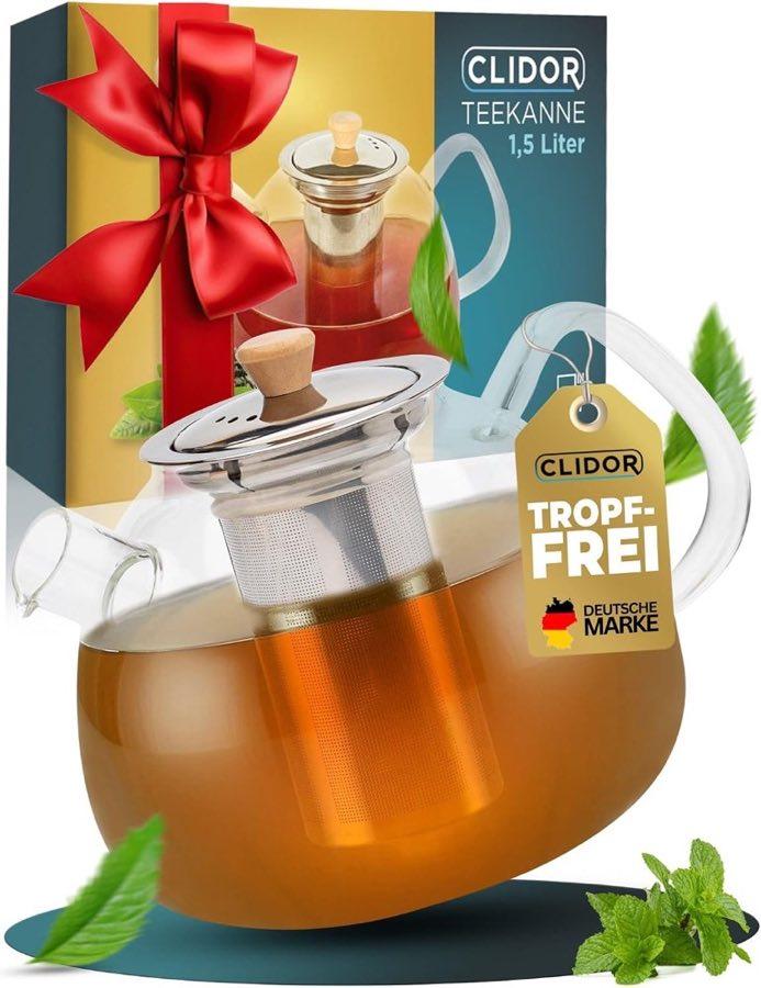 CLIDOR Glas-Teekanne 1,5 l mit Bambusgriff