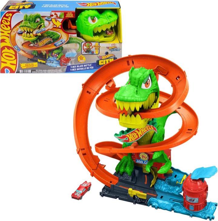 Hot Wheels City T-Rex Flammenkampf und 1:64 Druckguss-Auto