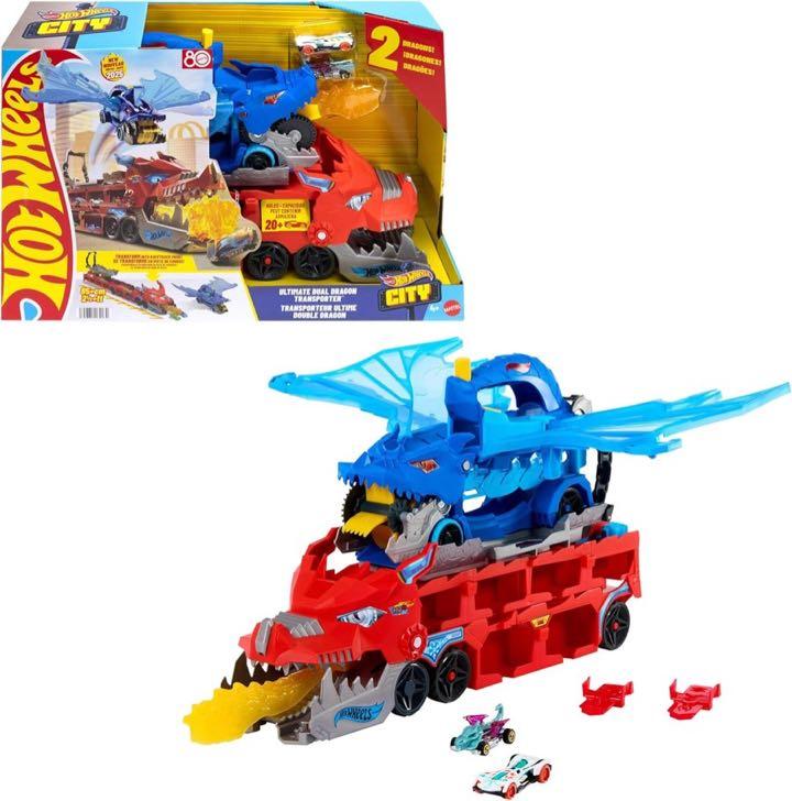 Hot Wheels City Ultimativer Doppel-Dragon-Transporter und 2 Autos