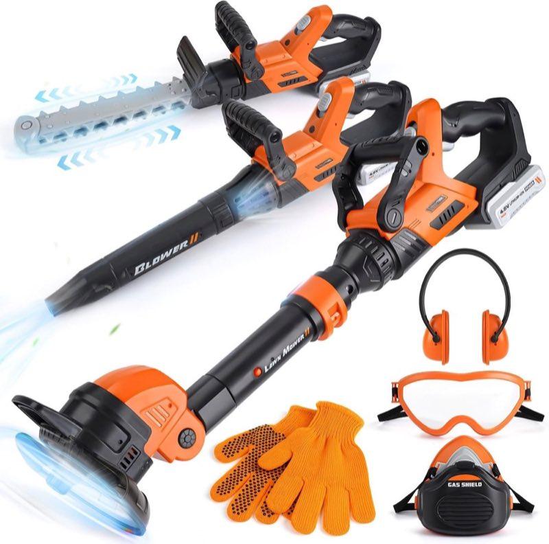 Gartenwerkzeug-Set mit Kinder-Rasenmäher, Laubbläser und Kettensäge