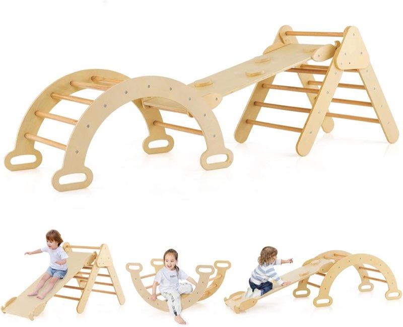 COSTWAY Kletterdreieck mit Rutsche, natur