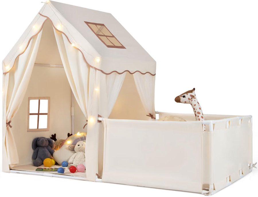 COSTWAY Kinderzelt mit Laufgitter, Matte und Licht