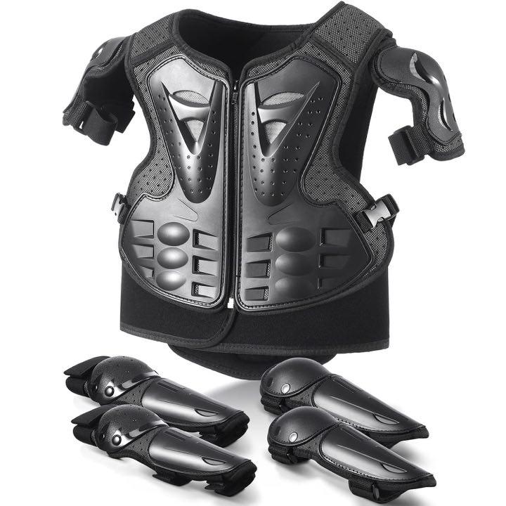 yeesport Kinder Schutzset mit Brustbereich, Knie- und Ellenbogenschutz, Schwarz