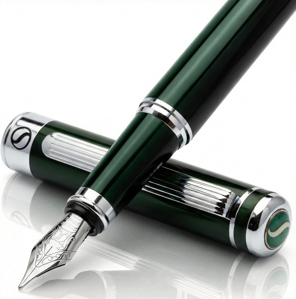 Scriveiner Füller Grün - britisches Renngrün, toller Luxus Füllfederhalter, Chromausführung, medium Schmidtfeder, bestes Schreib-Geschenkset für Mann & Frau, Profi, Chef, Büro, Schreibgeräte Green