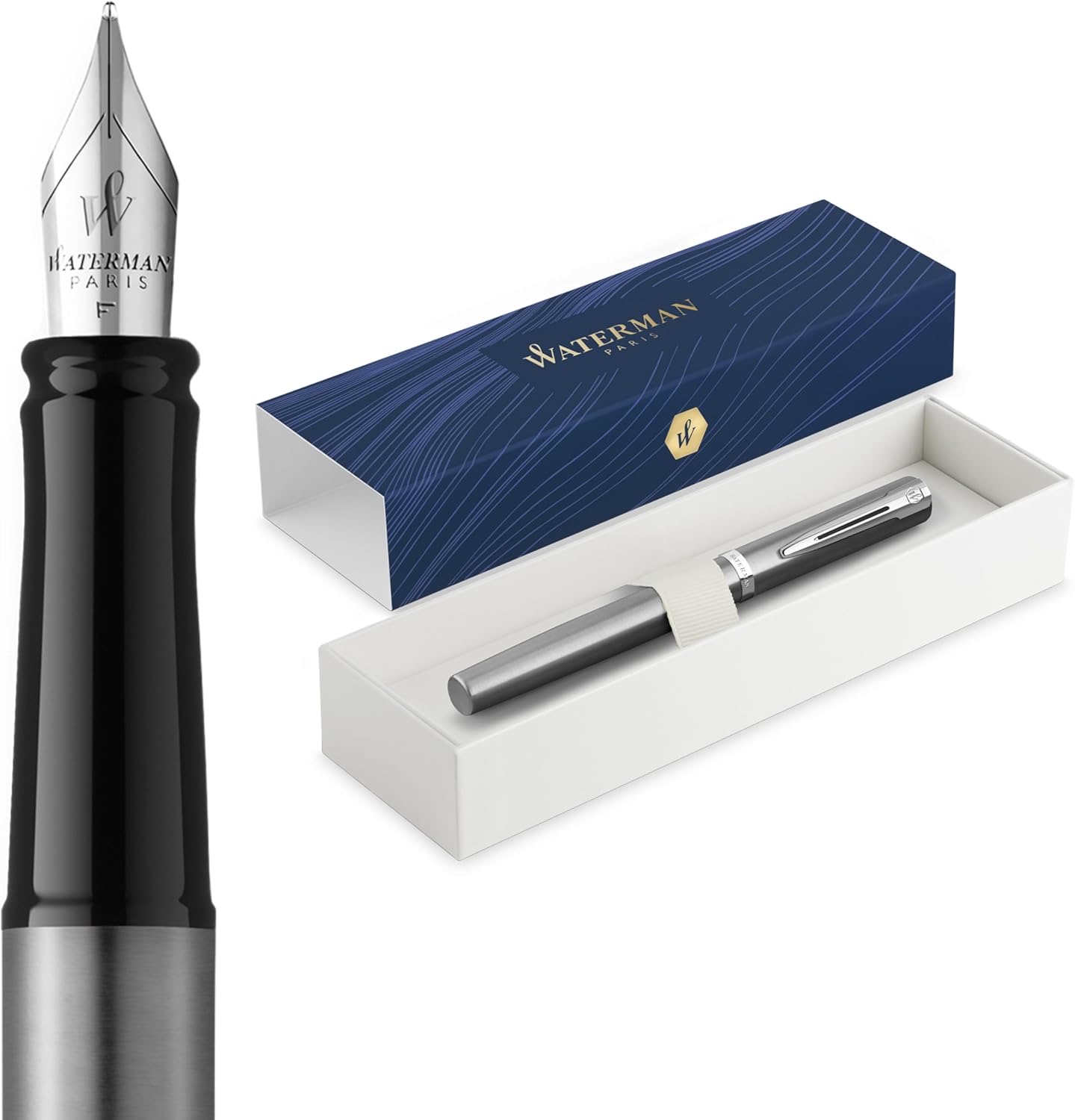 Waterman Impression Füller | Mittlere Feder mit blauer Tintenpatrone | Edelstahl mit palladiumbeschichtetem Zierrat | Geschenkbox