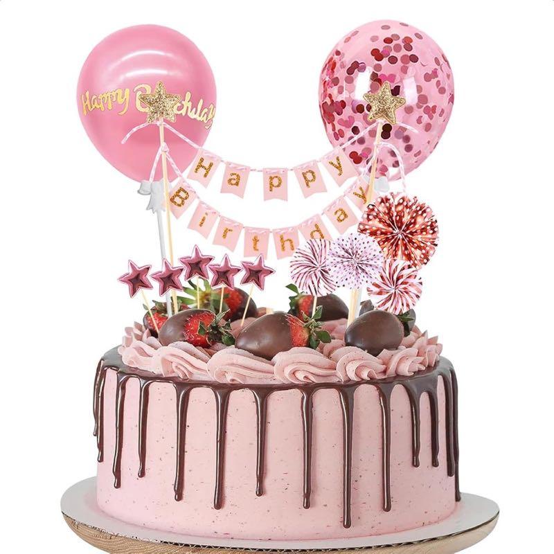 Rosa Happy-Birthday Tortendeko Set 12 Teile