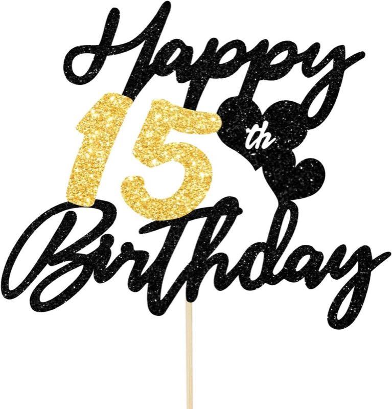 Glitzer Cake Topper 15. Geburtstag Schwarz-Gold