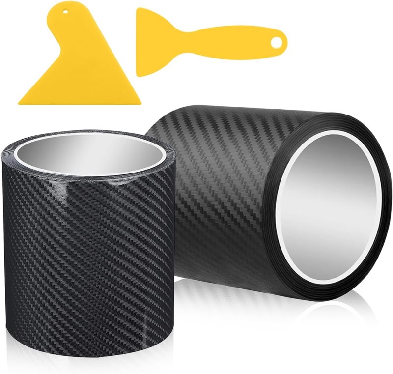 2 Rollen Carbon Folie Auto, 10CM x 6M Einstiegsleisten Schutz Selbstklebend 3D Ladekantenschutz Folie mit 2 Kunststoffschabern für Die Meisten Autos und Motorräder zum DIY