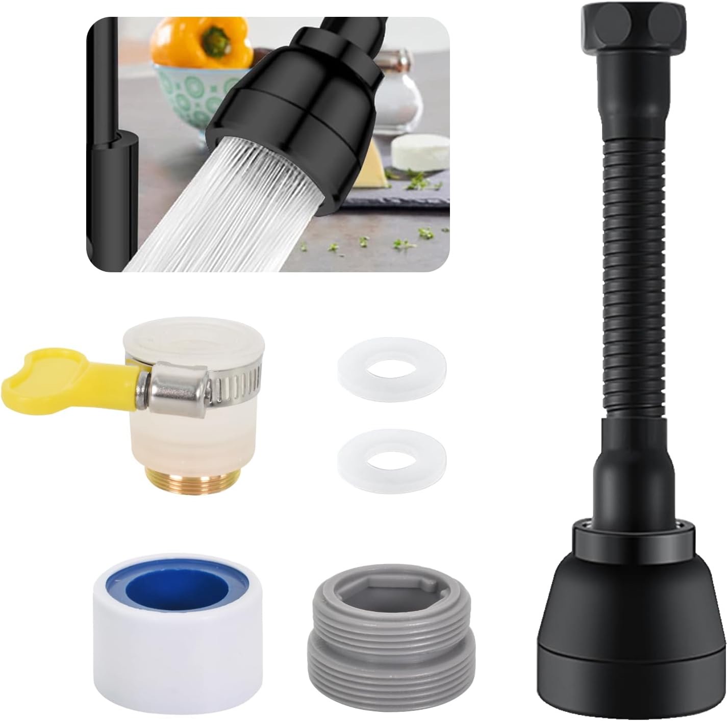 Zimoer 360° Drehbarer Wasserhahn Aufsatz, 3 Modi Strahlregler & Verlängerung, Perlator Spritzkopf Adapter für Küche und Bad, Wassersparender Wasserhahnbelüfter (Schwarz)