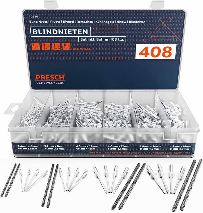 PRESCH 408-teilig Alu/Stahl plus 8 HSS-Bohrer – Testsieger im Blindnieten-Vergleich