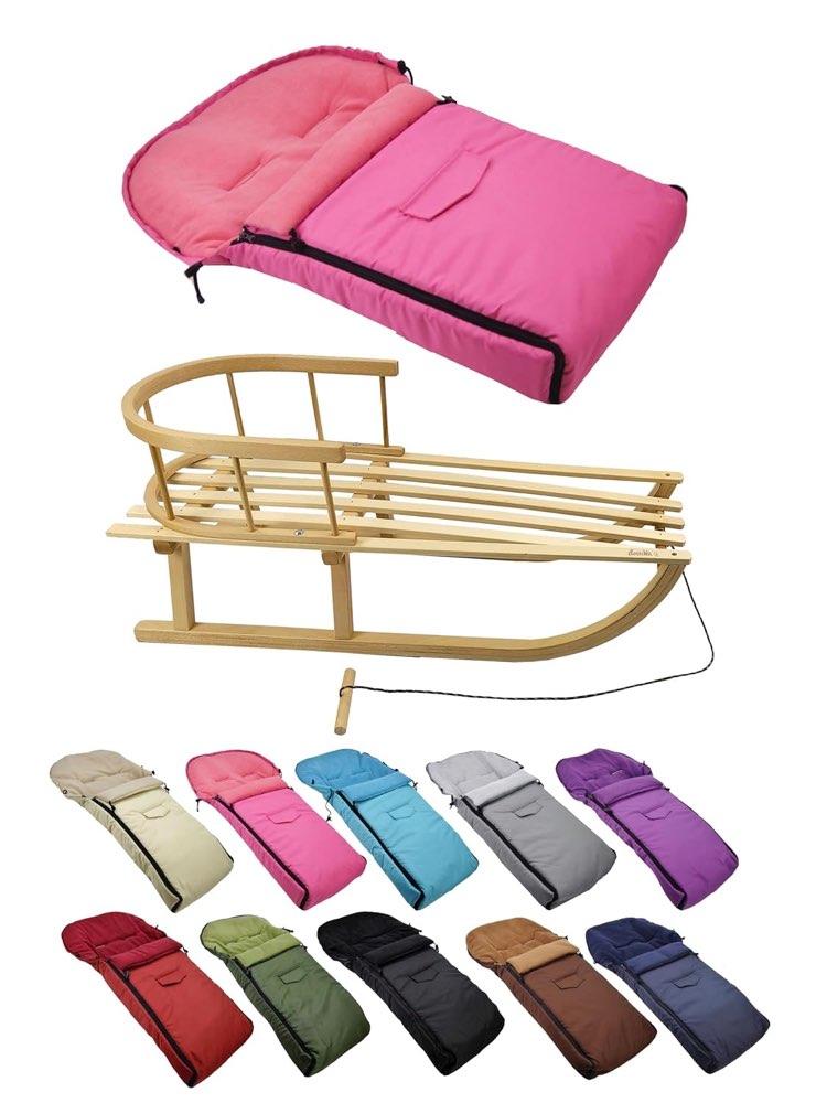 BambiniWelt Holzschlitten mit Rückenlehne und Winterfußsack 90 cm