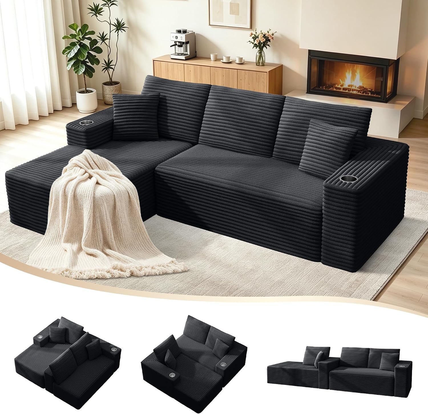 Ecksofa 261cm Modulares Sofa, 3-Sitzer Boneless Cloud Couch L-förmiges Schlafsofa mit Chaiselongue, Cord Schlafsofa für