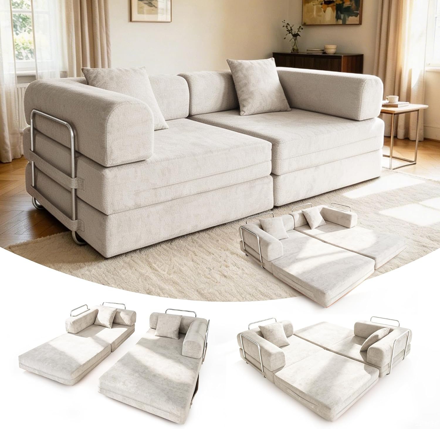 Schlafsofa 200cm Breit, Boneless Couch mit Kuscheliger Chenille-Stoff, Modulares Bodensofa klappbar, 3-Sitzer Sofa mit S