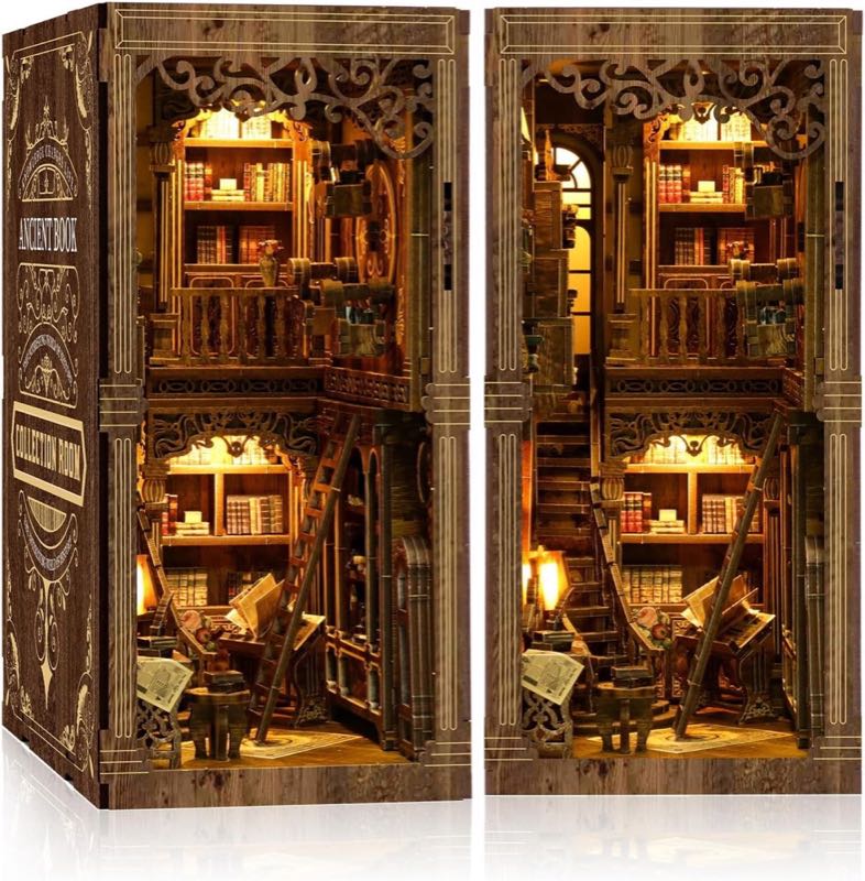 Book Nook Bausatz (Klassische Edition) – DIY Miniatur-Holzpuzzle | Vintage Bücherzimmer mit LED-Beleuchtung | 3D-Puppenhaus-Buchstütze für Bücherregal-Dekoration | Kreatives Geschenk