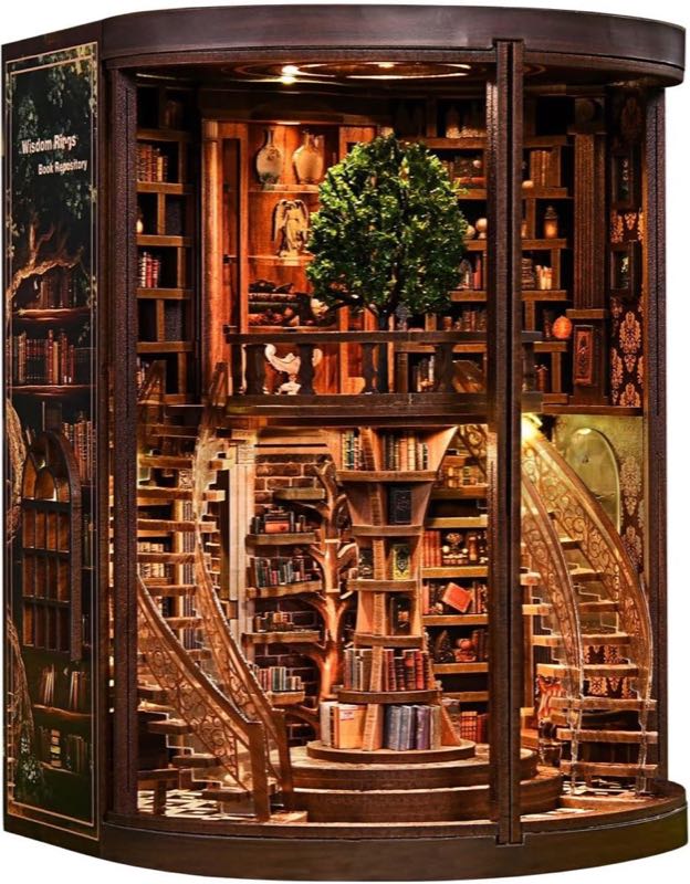 Book Nook Kit -Weisheitsringe Bucharchiv-Buchstütze Aus Holz und 3D-Puzzle mit LED-Licht, DIY Set Erwachsene,Bücherregaldekoration Diorama Kit Geburtstag