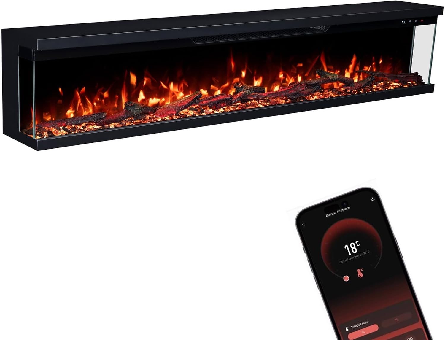GF CORE Elektrokamin Insert 182 mit realistischem 3D LED-Feuer - Wand-Elektrokamin mit Heizung und Kaminfeuer, App Steuerung, Knistereffekt & Timer, max. 1800 W, 183x35x19cm