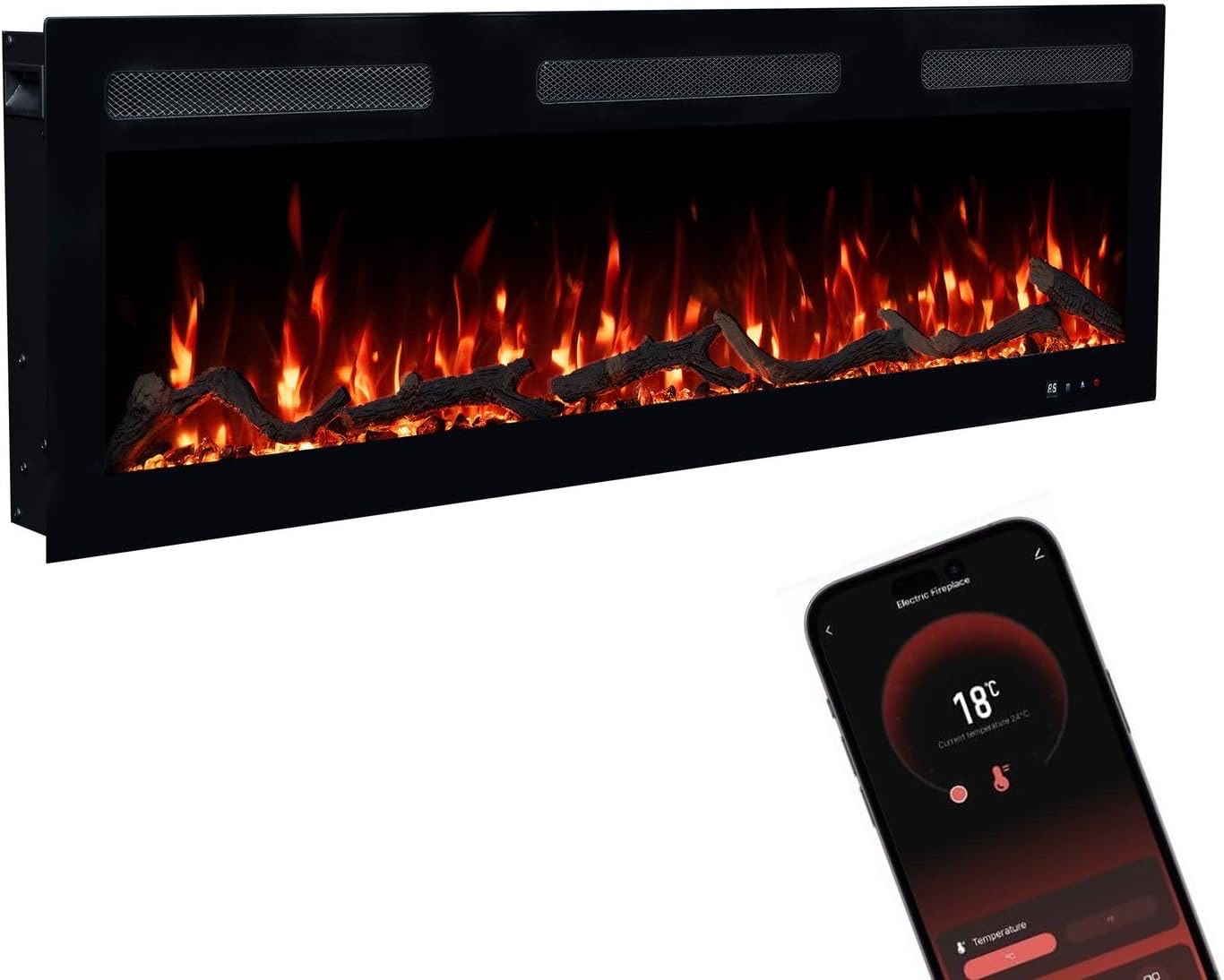 GF CORE Elektrokamin Inside 106 mit realistischem 3D LED-Feuer - Wand-Elektrokamin mit Heizung und Kaminfeuer, App Steuerung, Knistereffekt & Timer, max. 1800 W, 106x35x12cm