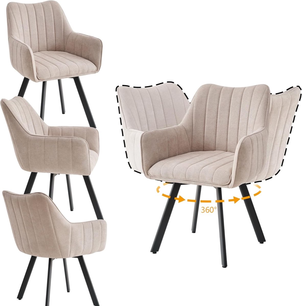 4er-Set Esszimmerstuhl mit Armlehnen, Leinenbezug, 360° drehbare Metallbeine, Beige