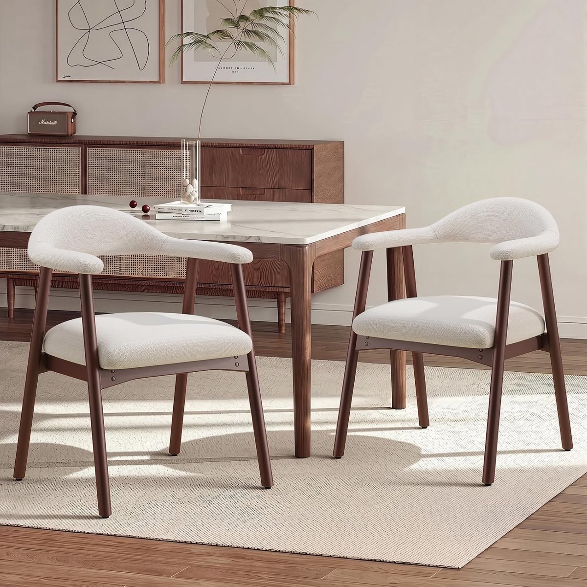 MALOL 2er Set Stoffsessel Esszimmerstühle, gepolstert, gebogene Rückenlehne, Holzbeine, Beige