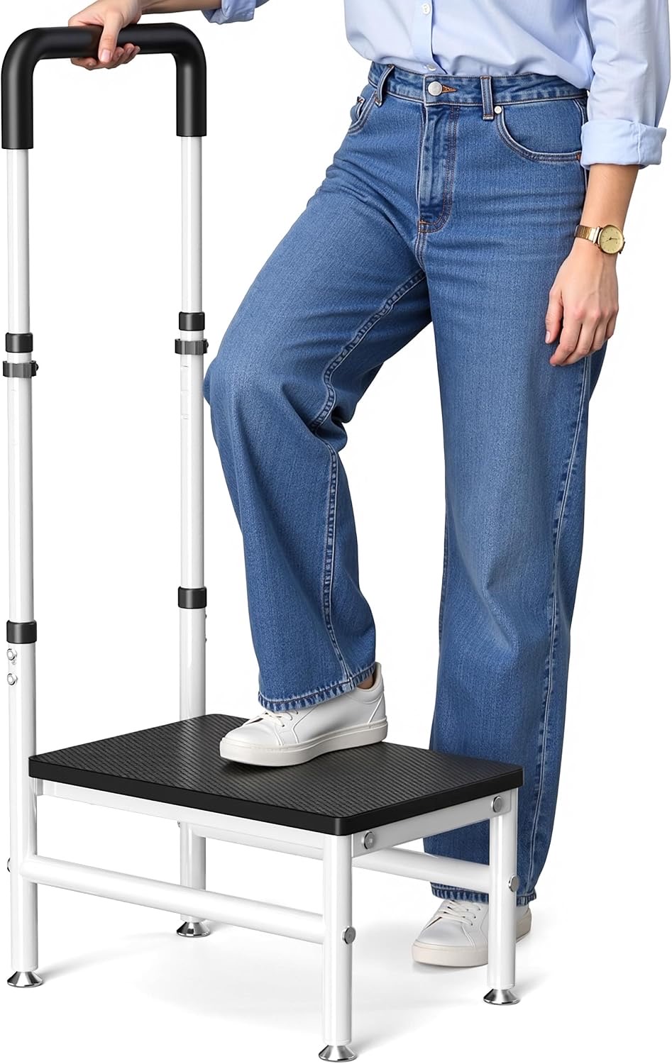 Stuhl mit Griff für Erwachsene und Senioren, robuste Holzplattform mit einstufigem Sitz, Verstellbarer Geländer, breiter, Rutschfester Fußstuhl für Bettzimmer, Badezimmer und Wohnen