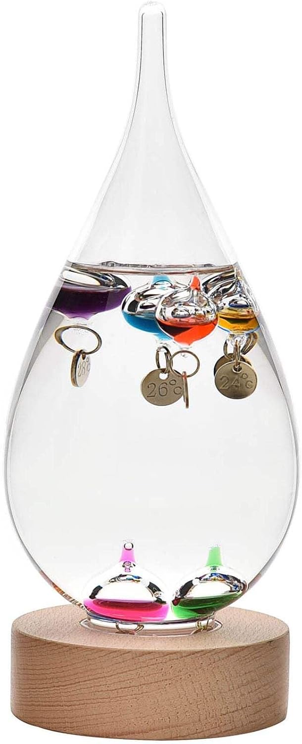 Widdop Galileo Thermometer, Tropfenform, mit Holzständer