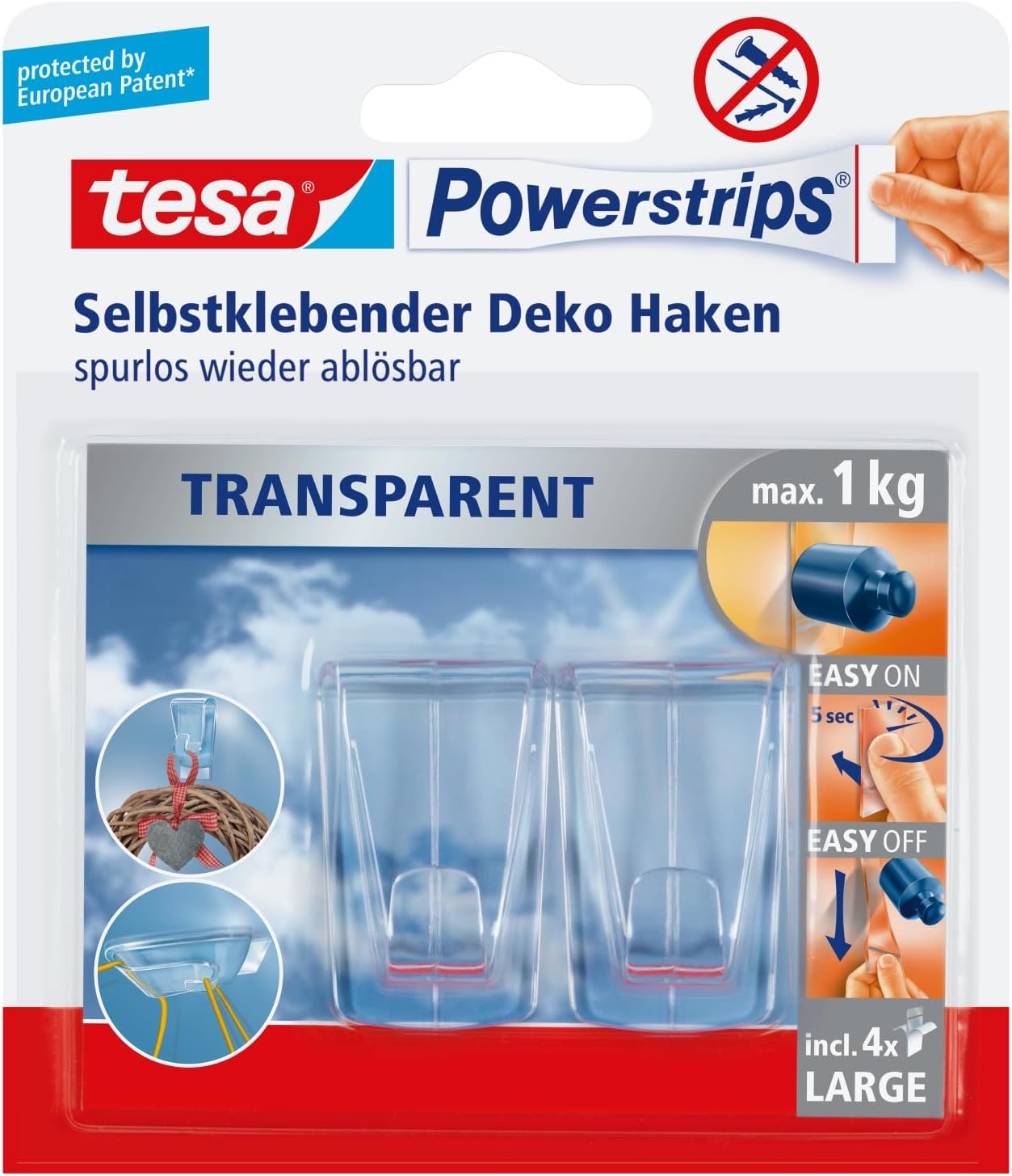 tesa tesa Deko-Haken für transparente Oberflächen und Glas, 2 Haken