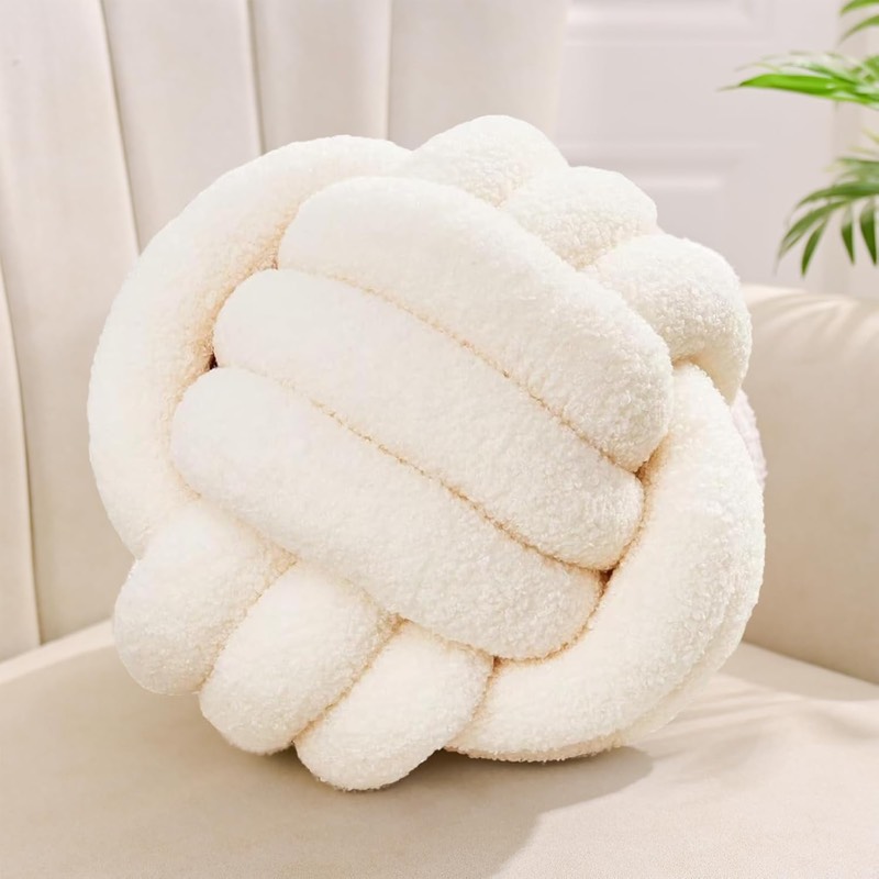 Knotenkissen, Dekokissen Beige Weiß, Zierkissen Aesthetic Sofakissen aus Teddysamt, Bett Deko Kissen Runden für Kind Schlafzimmer, Geschenk 22 cm
