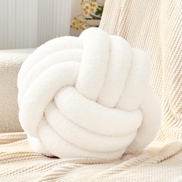 Rund Knotenkissen Beige, 28cm Ball Dekokissen Beige Weiß, Boucle Knoten Zierkissen Aesthetic Sofakissen aus Lamm Samt, Bett Deko Kissen Runden für Schlafzimmer