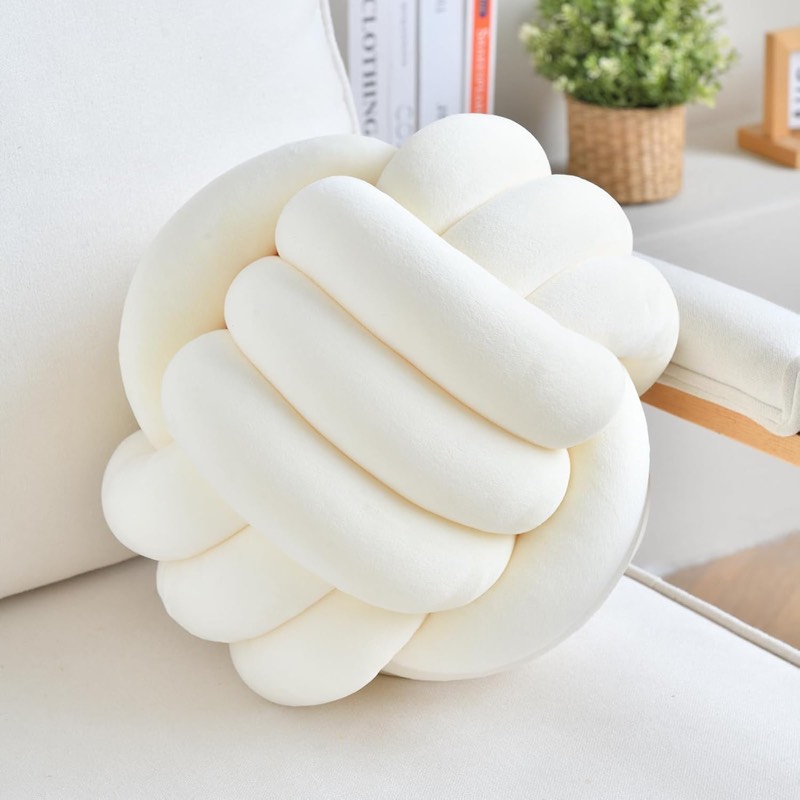 Knotenkissen Beige, Deko Kissen Rund, Zierkissen Aesthetic Sofakissen aus Samt, 28cm Runde Kissen Plüsch Ball Dekokissen Bett Deko Kissen Rundes für Sofa, Home Decor Wohnzimmer