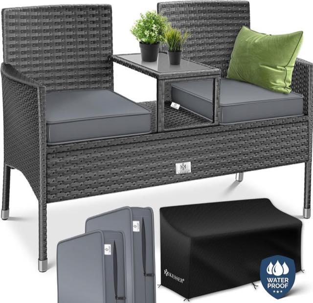 KESSER KESSER Polyrattan-Gartenbank, 2-Sitzer mit Tisch
