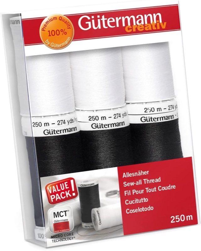 Gütermann creativ Nähfaden-Set mit 6 Spulen Allesnäher 250 m in Schwarz und Weiß 734000-6