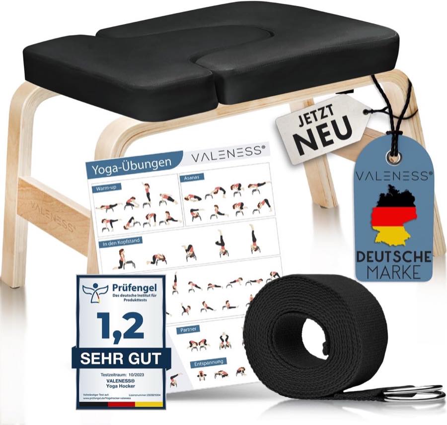 VALENESS Yoga Kopfstandhocker Naturholz, Schwarz