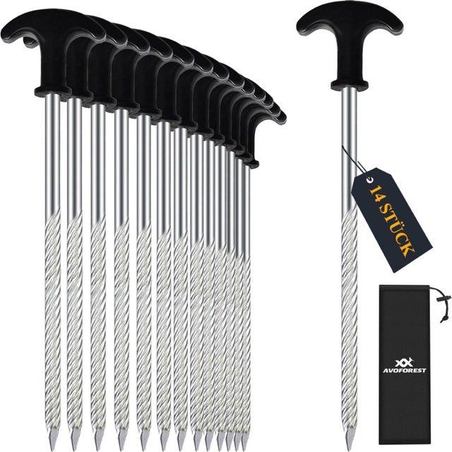 Zeltheringe Stahl, 14x Heringe Erdnägel Stabil Camping Schraubheringe,Lange und robuste Erdnägel,ideal für normalen und harten Boden,Wald, Wiesen, Gras, Sandboden